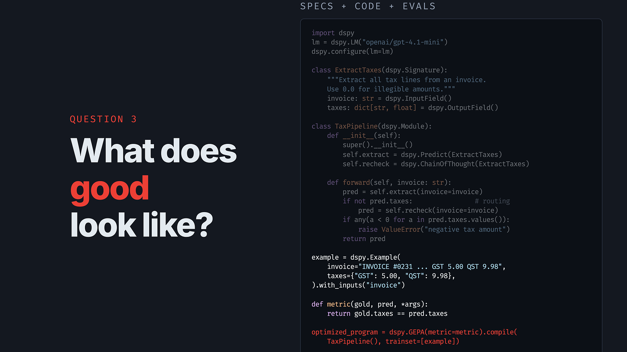 Slide: what does good look like is captured through examples and metrics