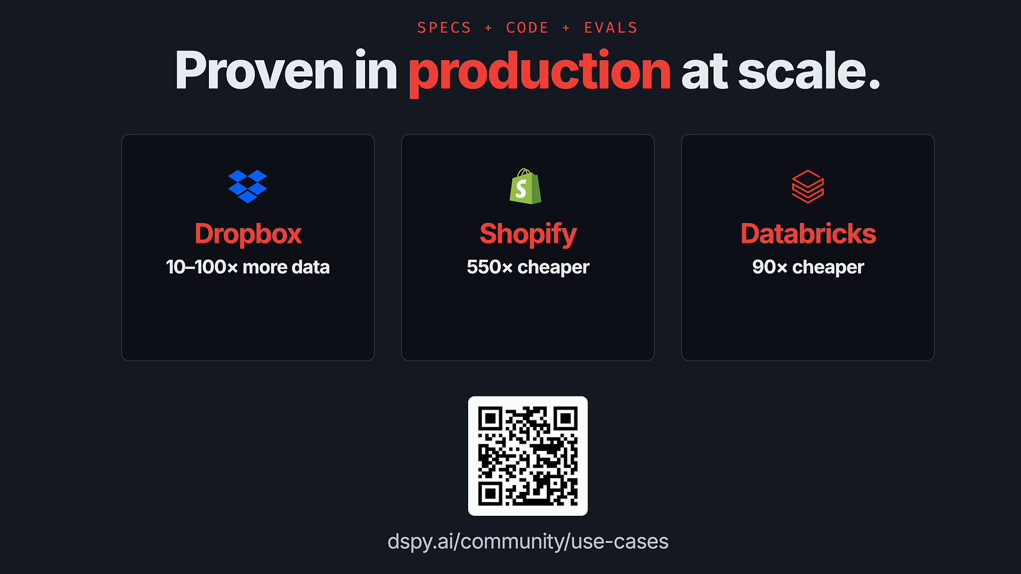 Slide: enterprise case studies from Dropbox, Shopify, and Databricks