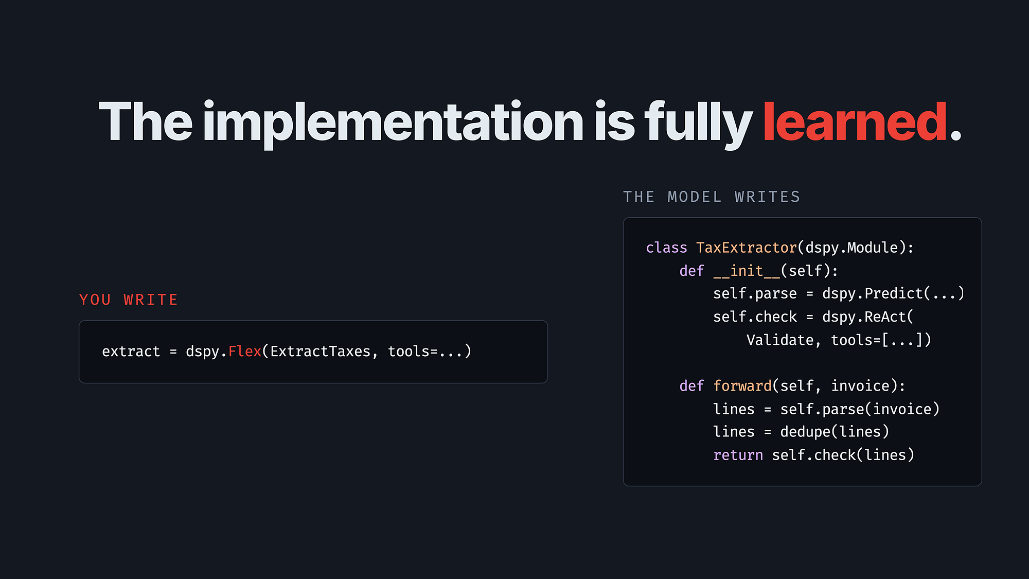 Slide: Flex, a new module where the model writes the code underneath
